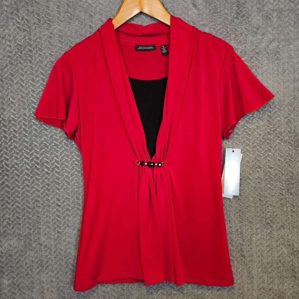 Notations Womens Red Layered Look Beaded Draped Top Short Sleeve Size M MITF0989 - Picture 3 of 8